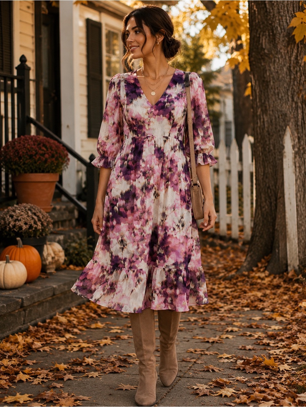 DKNY Floral Print Midi Dress Pink Purple Plum Puff Sleeve Size 6
